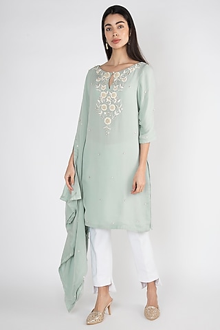 Mint Blue Embroidered Kaftan Tunic by Varsha Wadhwa