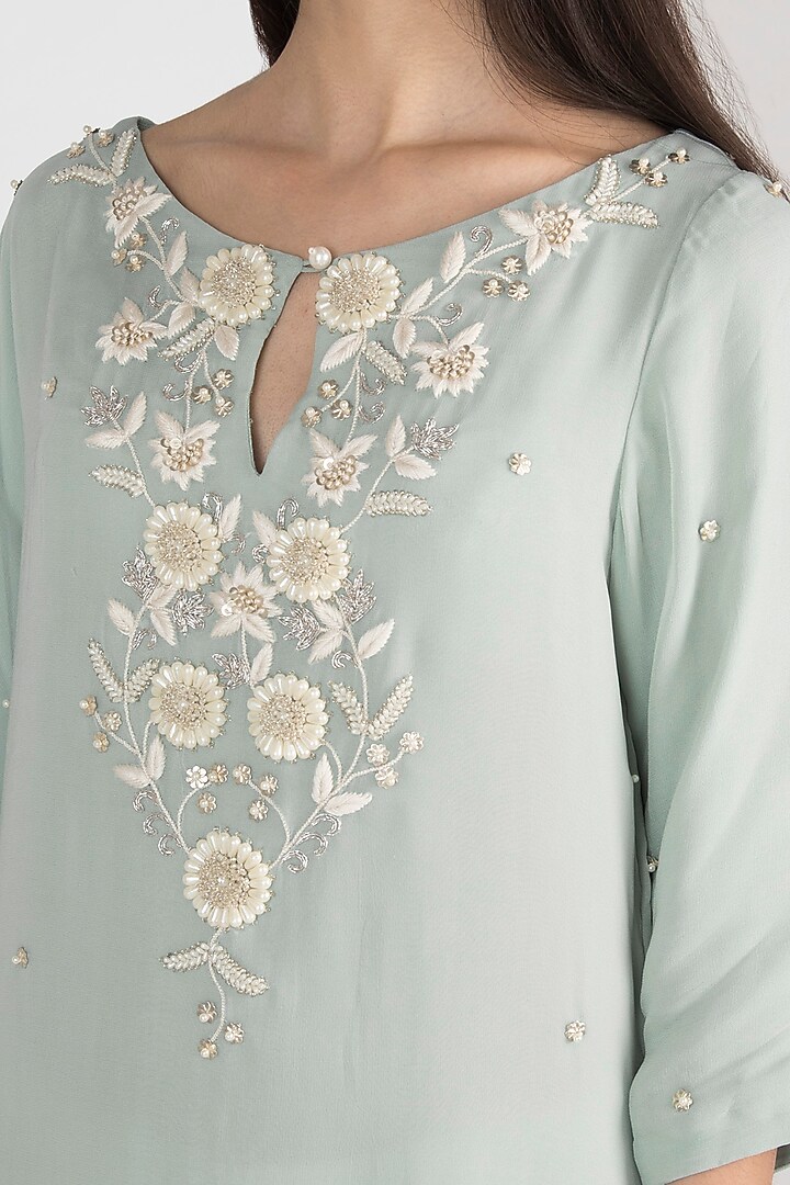 Mint Blue Embroidered Kaftan Tunic by Varsha Wadhwa at Pernia's Pop Up Shop