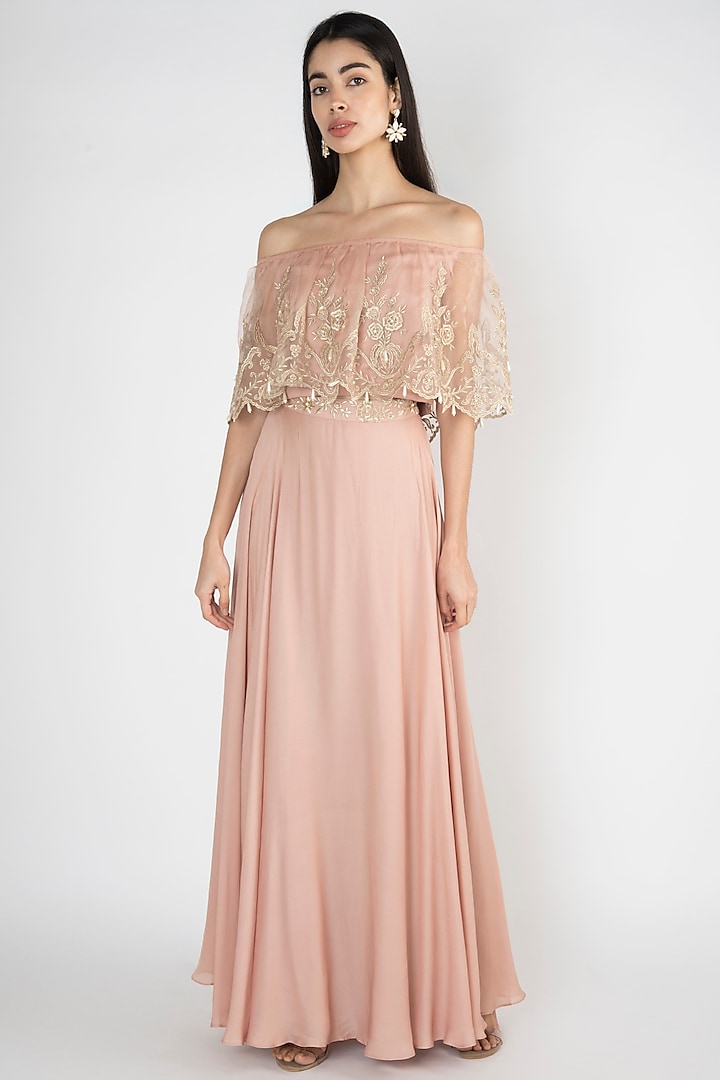 Nude Crop Top With Attached Embroidered Cape & Skirt by Varsha Wadhwa