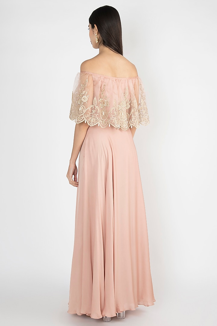 Nude Crop Top With Attached Embroidered Cape & Skirt by Varsha Wadhwa at Pernia's Pop Up Shop