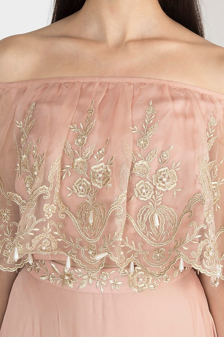 Nude Crop Top With Attached Embroidered Cape & Skirt by Varsha Wadhwa at Pernia's Pop Up Shop