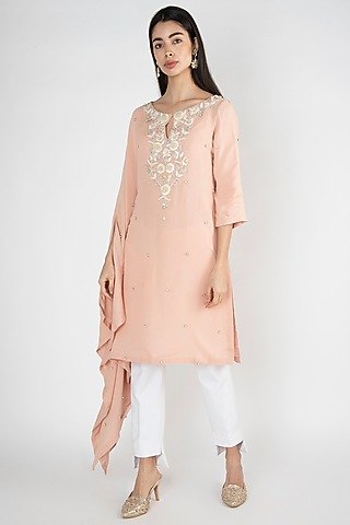 Peach Embroidered Kaftan Tunic by Varsha Wadhwa