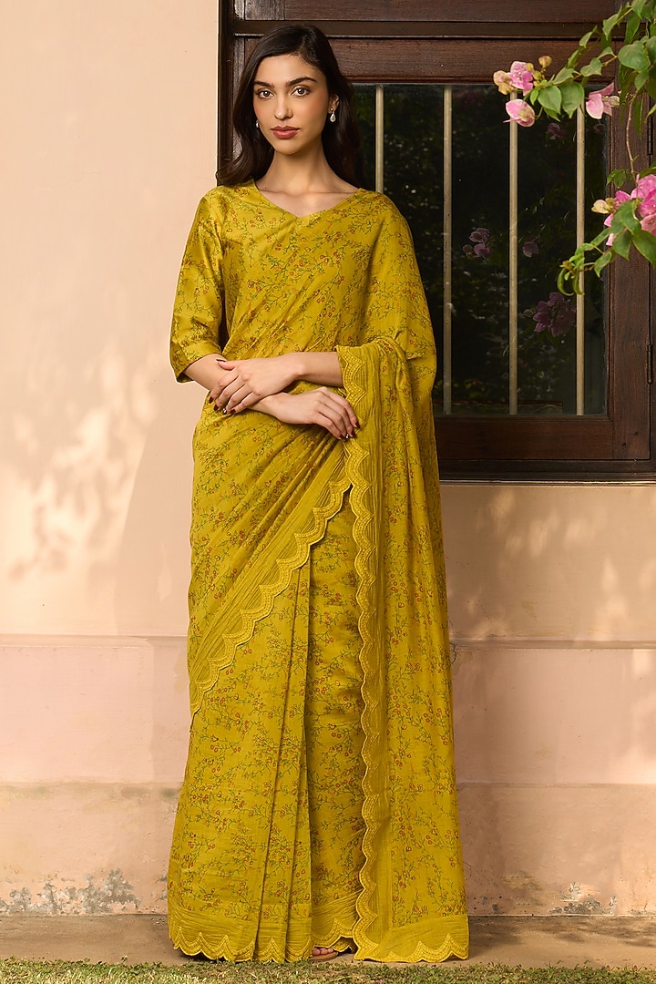 Tuscany-Colored Muslin Cotton Embroidered & Printed Party Wear Saree Set by Vaayu at Pernia's Pop Up Shop