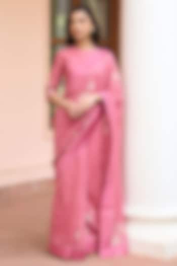 Hibiscus-Colored Muslin Cotton Embroidered & Floral Printed Party Wear Saree Set by Vaayu at Pernia's Pop Up Shop