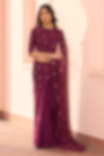 Amethyst Muslin Cotton Embroidered Party Wear Saree Set by Vaayu at Pernia's Pop Up Shop