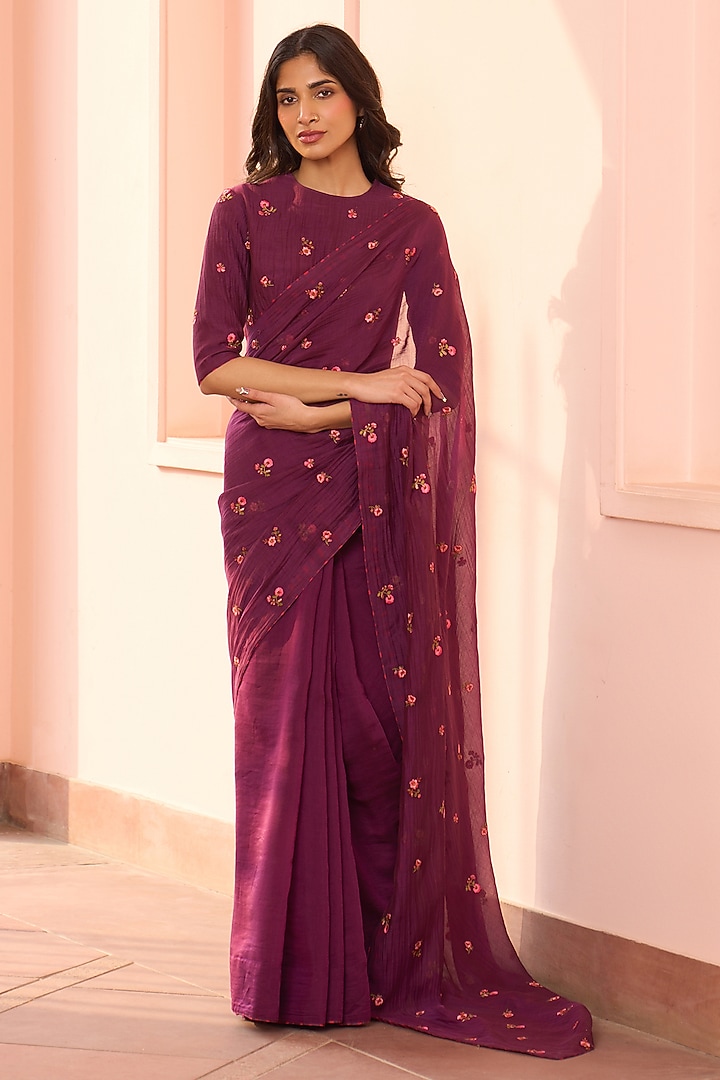 Amethyst Muslin Cotton Embroidered Party Wear Saree Set by Vaayu at Pernia's Pop Up Shop
