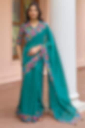 Teal Muslin Cotton Printed Festive Saree Set by Vaayu at Pernia's Pop Up Shop