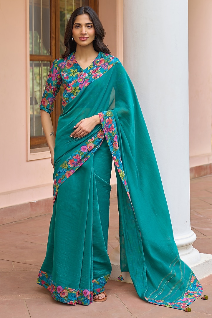 Teal Muslin Cotton Printed Festive Saree Set by Vaayu at Pernia's Pop Up Shop