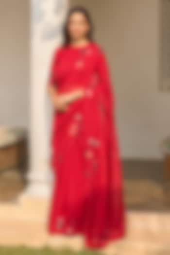 Cherry Red Muslin Cotton Embroidered Party Wear Saree Set by Vaayu at Pernia's Pop Up Shop