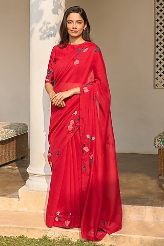 Cherry Red Muslin Cotton Embroidered Saree Set by Vaayu