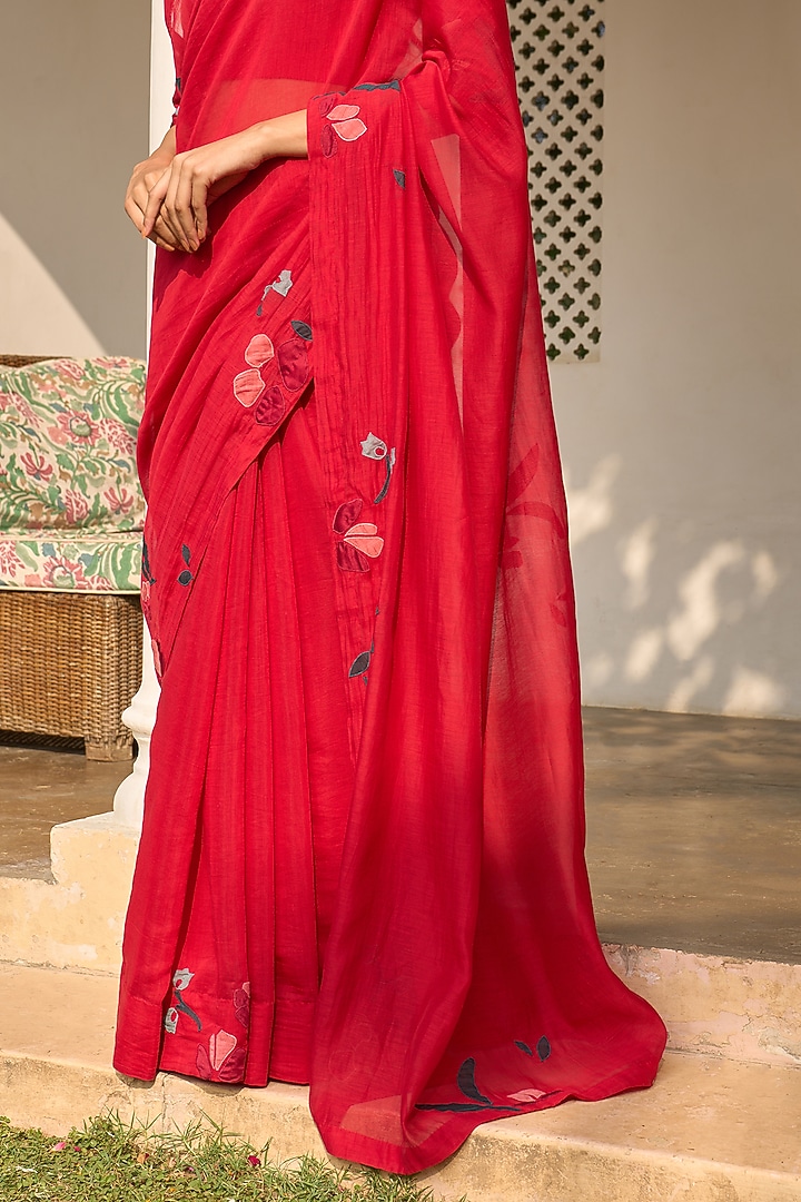 Cherry Red Muslin Cotton Embroidered Party Wear Saree Set by Vaayu at Pernia's Pop Up Shop