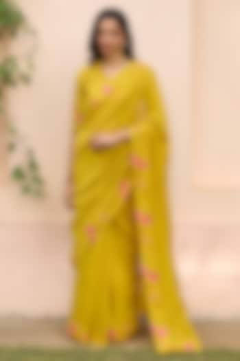 Marigold Muslin Cotton Embroidered Festive Saree Set by Vaayu at Pernia's Pop Up Shop