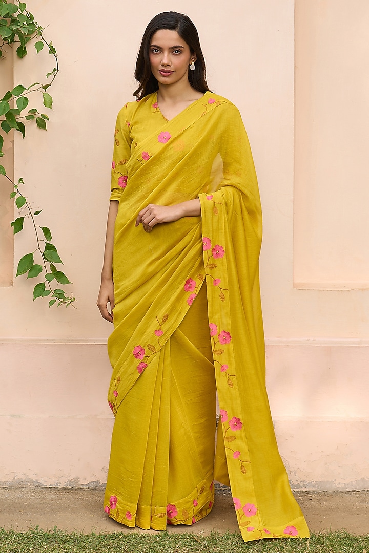 Marigold Muslin Cotton Embroidered Festive Saree Set by Vaayu at Pernia's Pop Up Shop