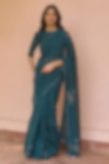 Jade Muslin Cotton Embroidered Party Wear Saree Set by Vaayu at Pernia's Pop Up Shop