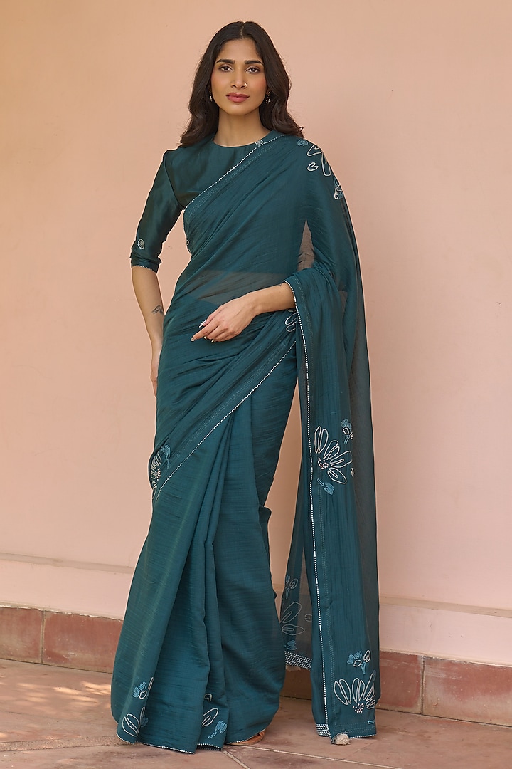 Jade Muslin Cotton Embroidered Party Wear Saree Set by Vaayu at Pernia's Pop Up Shop