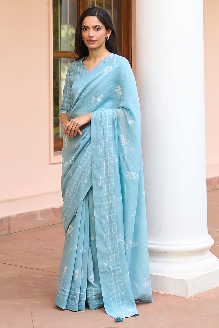 Powder Blue Muslin Cotton Printed Festive Saree Set by Vaayu at Pernia's Pop Up Shop