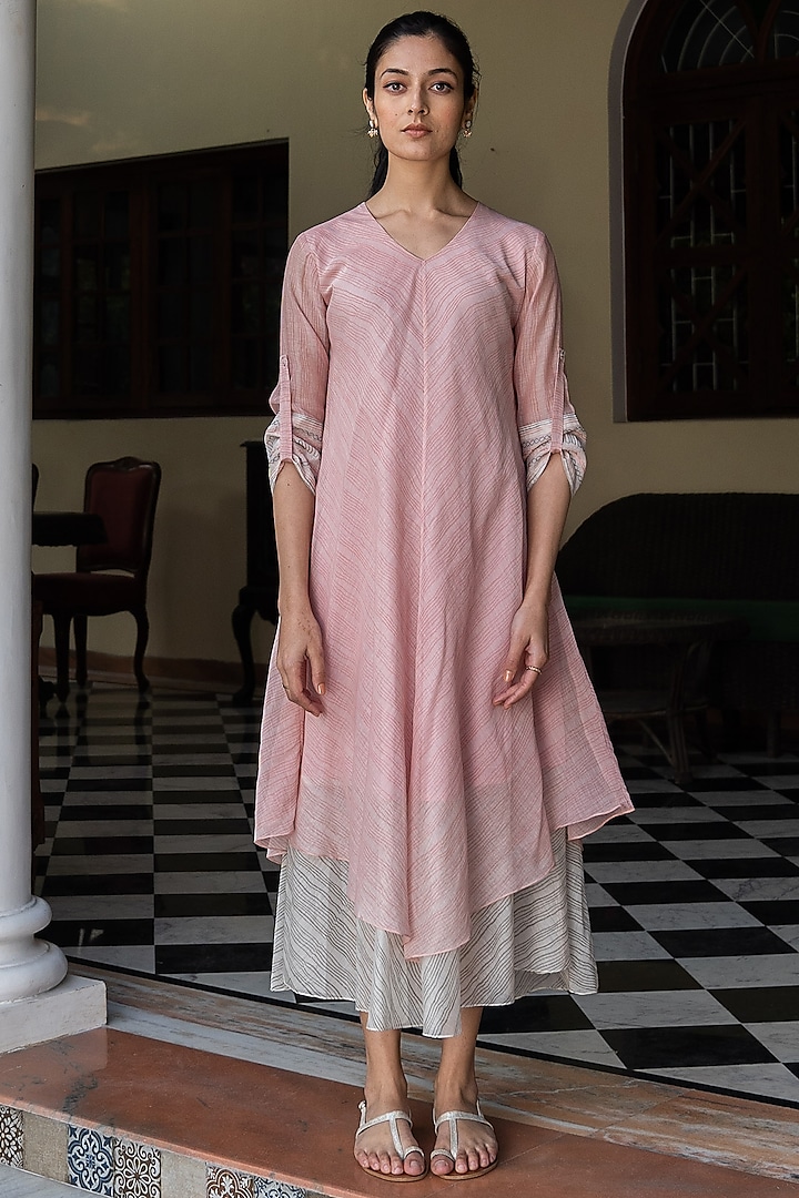 Rose Pink Printed Layered Dress by Vaayu