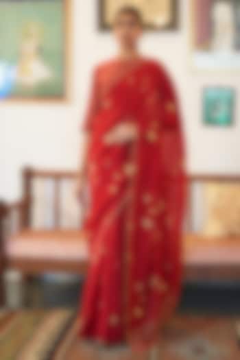 Poppy Red Muslin Cotton Abstract Floral Printed Festive Saree Set by Vaayu at Pernia's Pop Up Shop