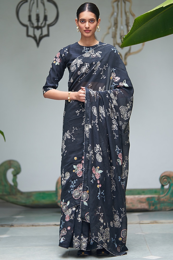 Black Muslin Cotton Floral Printed Festive Saree Set by Vaayu at Pernia's Pop Up Shop