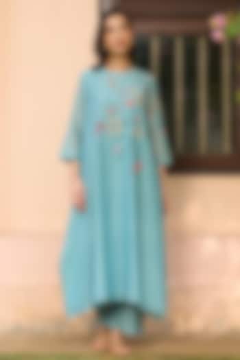 Powder Blue Muslin Cotton Applique Embroidered Co-Ord Set by Vaayu at Pernia's Pop Up Shop