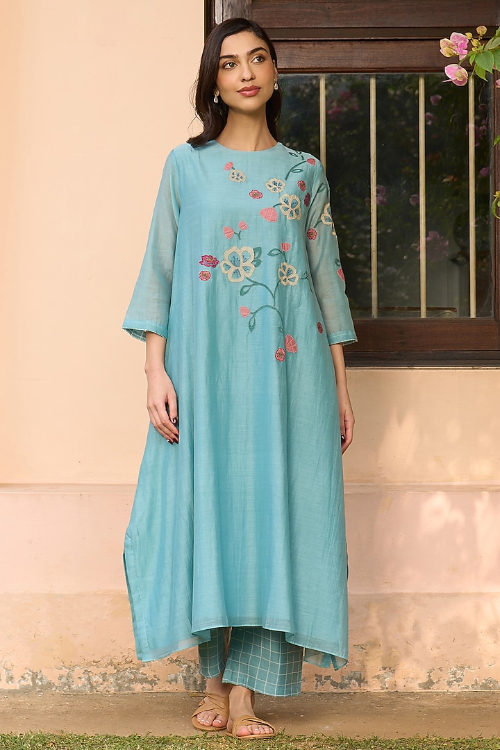 Powder Blue Muslin Cotton Applique Embroidered Co-Ord Set by Vaayu at Pernia's Pop Up Shop