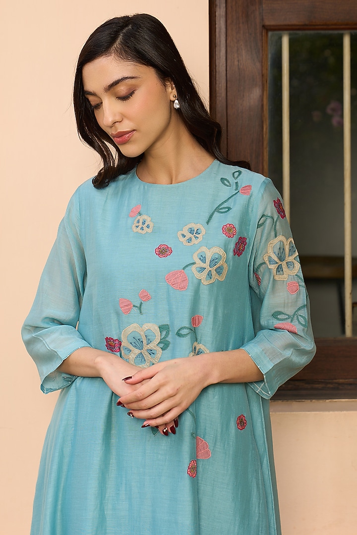 Powder Blue Muslin Cotton Applique Embroidered Co-Ord Set by Vaayu at Pernia's Pop Up Shop