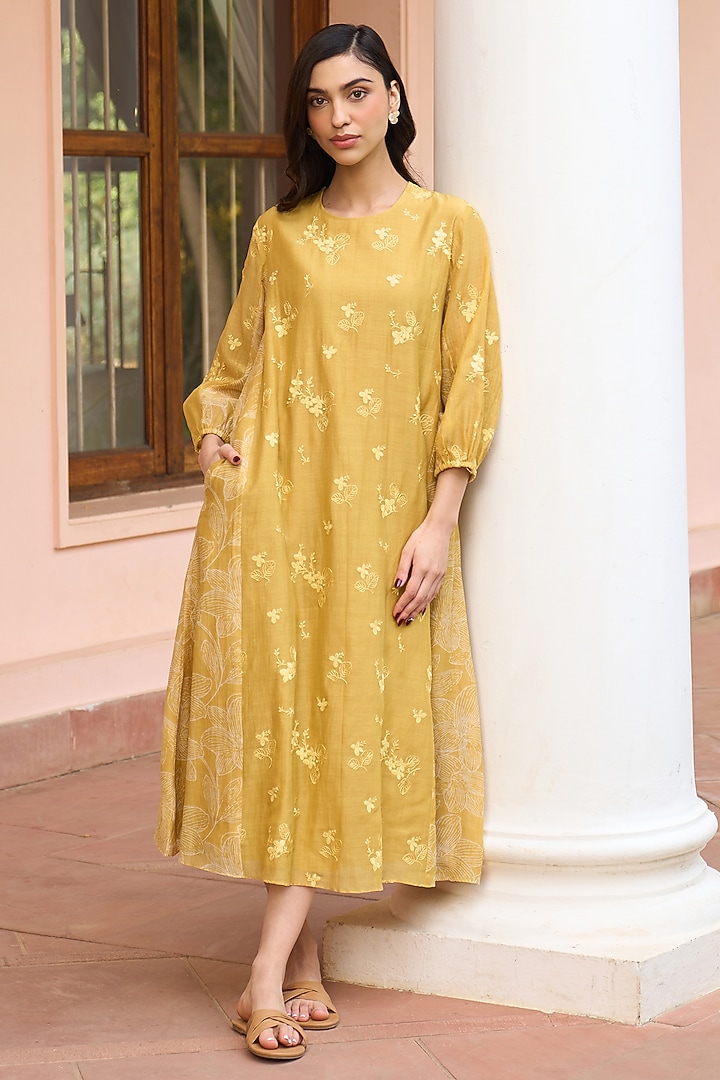 Rue Yellow Muslin Cotton Thread Embroidered Summer Dress by Vaayu at Pernia's Pop Up Shop