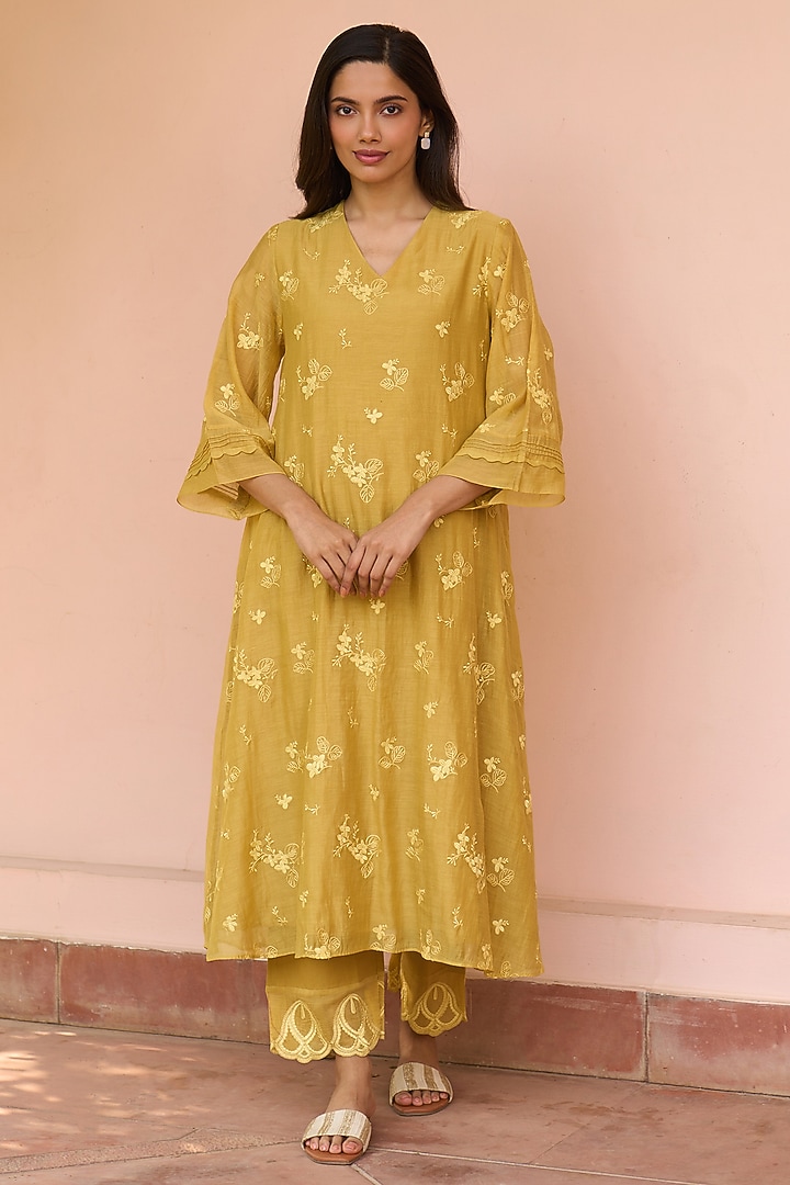 Rue Yellow Muslin Cotton Embroidered Co-Ord Set by Vaayu at Pernia's Pop Up Shop