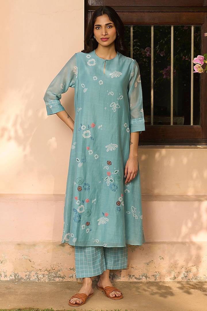 Powder Blue Muslin Cotton Applique Embroidered & Printed Co-Ord Set by Vaayu at Pernia's Pop Up Shop