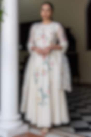 Porcelain White Muslin Cotton Applique Work Party Wear Anarkali Set by Vaayu at Pernia's Pop Up Shop