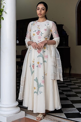 Porcelain White Muslin Cotton Applique Work Anarkali Set by Vaayu