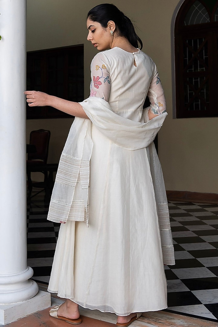 Porcelain White Muslin Cotton Applique Work Party Wear Anarkali Set by Vaayu at Pernia's Pop Up Shop