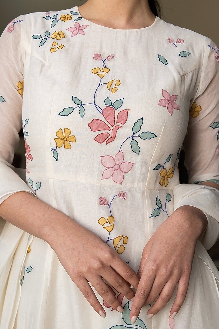Porcelain White Muslin Cotton Applique Work Party Wear Anarkali Set by Vaayu at Pernia's Pop Up Shop