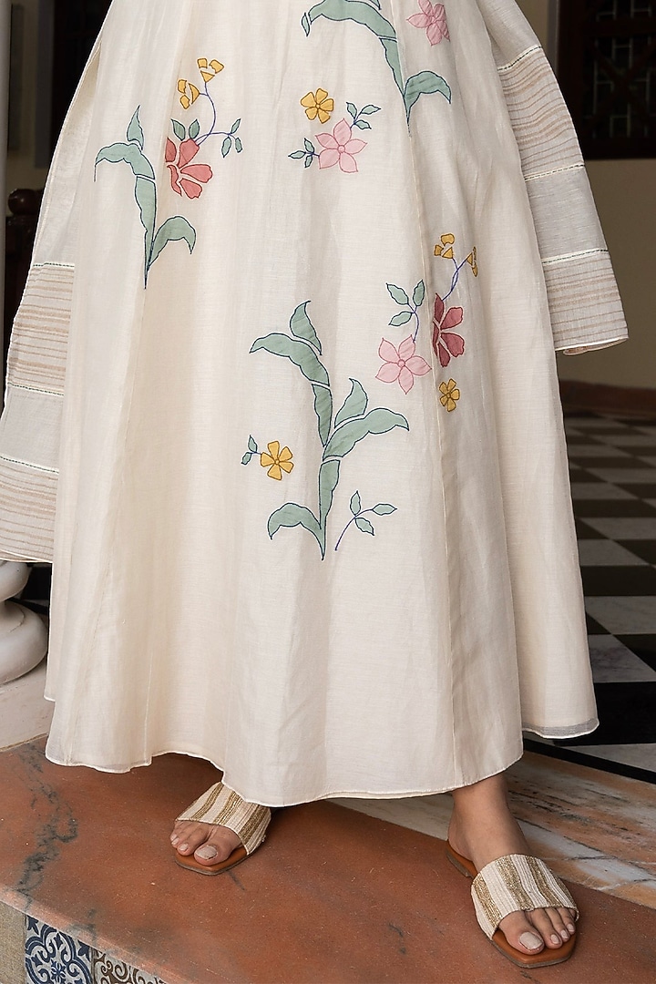 Porcelain White Muslin Cotton Applique Work Party Wear Anarkali Set by Vaayu at Pernia's Pop Up Shop