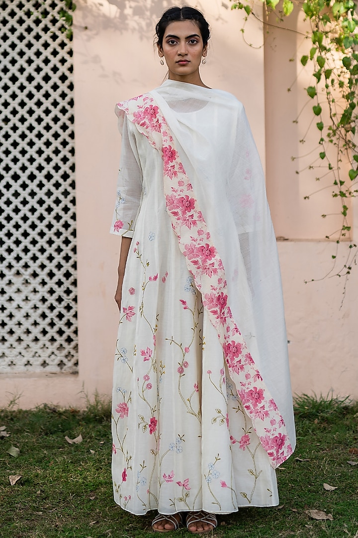 Pearl White Embroidered Anarkali With Dupatta by Vaayu