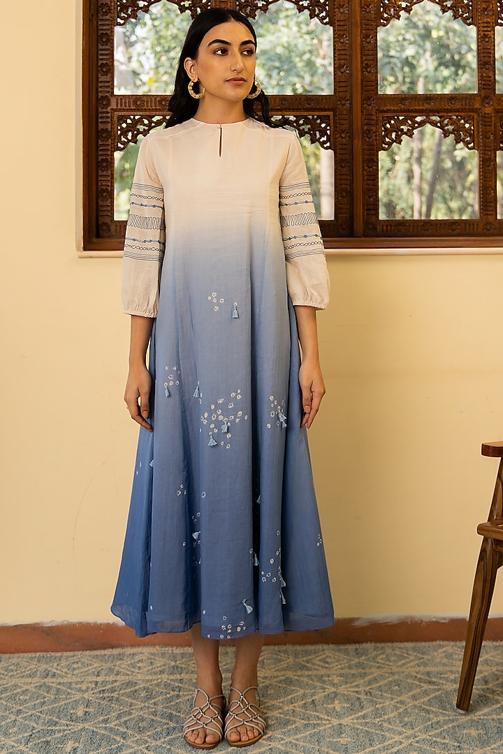 Porcelain White & Prussian Blue Ombre Printed Dress by Vaayu