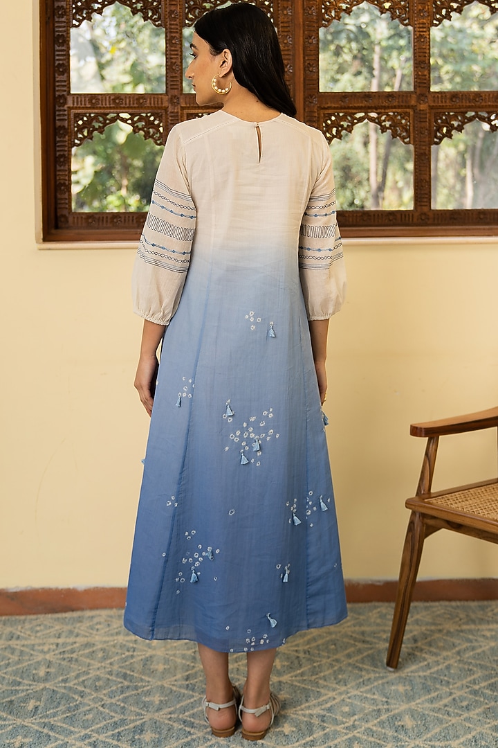 Porcelain White & Prussian Blue Ombre Printed Summer Dress by Vaayu at Pernia's Pop Up Shop