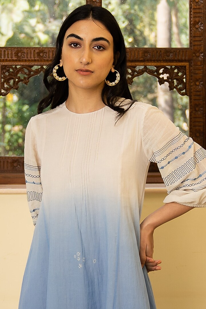Porcelain White & Prussian Blue Ombre Printed Summer Dress by Vaayu at Pernia's Pop Up Shop