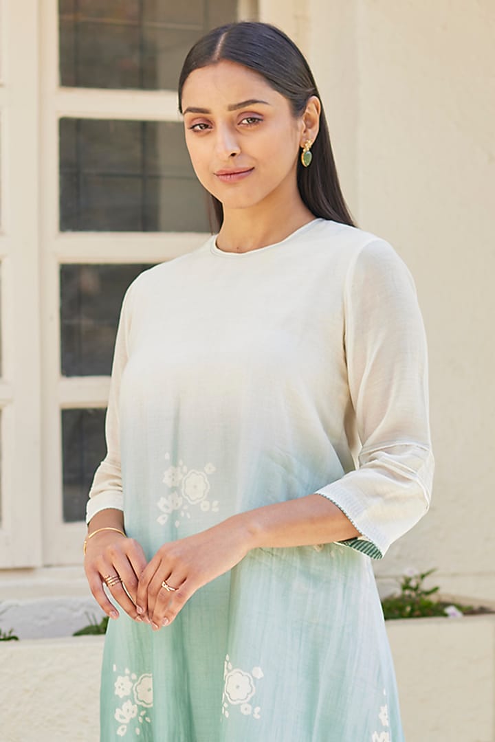 Vaanya - jaal hand block printed cotton kurta set in sky blue colour