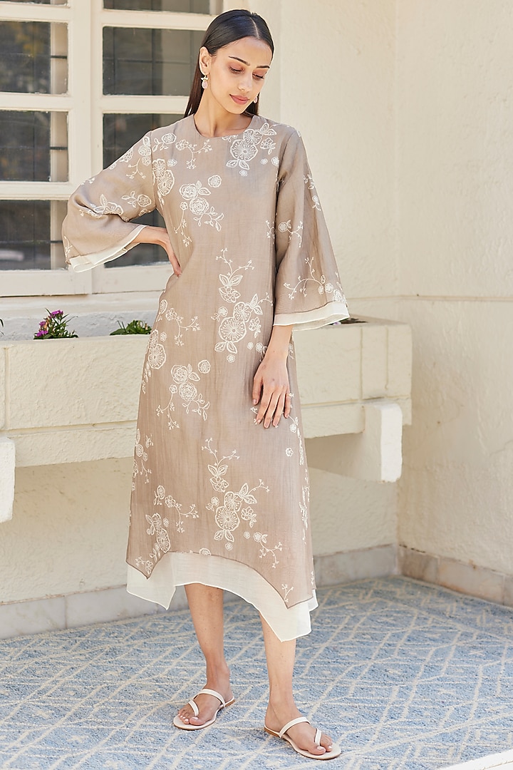 Sand Cotton Muslin Floral Printed Asymmetric Dress by Vaayu