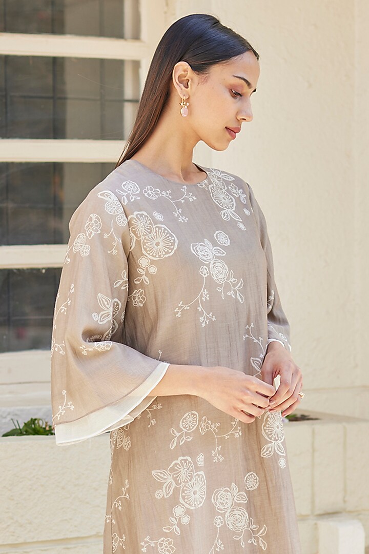 Sand Cotton Muslin Floral Printed Asymmetric Summer Dress by Vaayu at Pernia's Pop Up Shop
