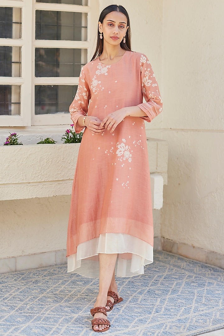 Pink Cotton Muslin Floral Printed Dress by Vaayu