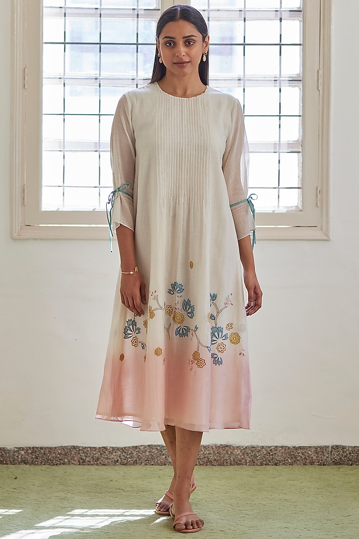 Pearl Cotton Muslin Embroidered Midi Dress by Vaayu