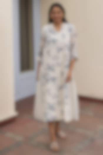 White Muslin Cotton Printed Flowy Knee-Length Dress by Vaayu