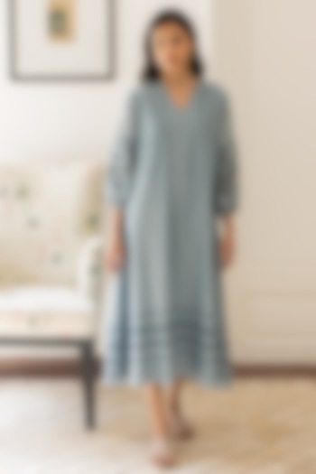 Powder Blue Muslin Cotton Linear Printed Midi Dress by Vaayu