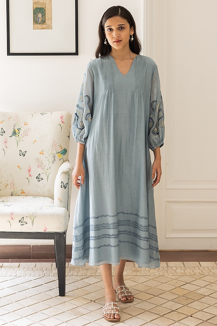 Powder Blue Muslin Cotton Linear Printed Midi Dress by Vaayu