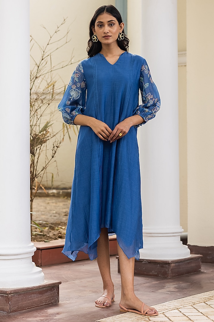 Ocean Blue Muslin Cotton Floral Printed Knee-Length Dress by Vaayu