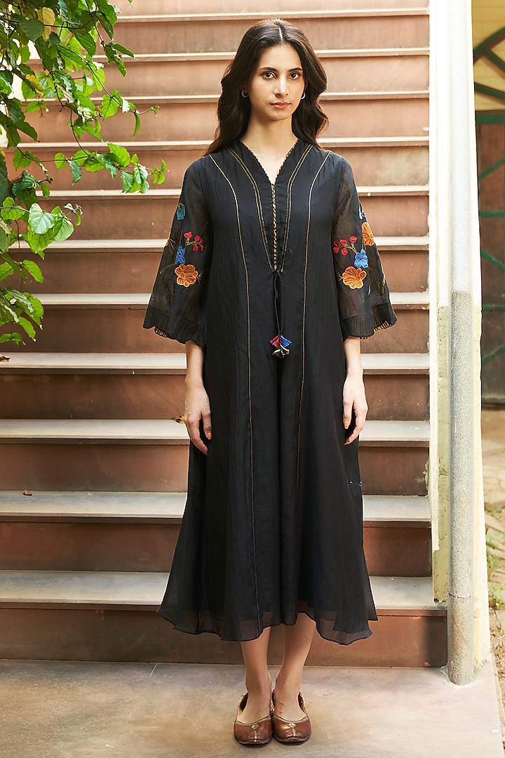 Coal Muslin Cotton Applique Thread Work Dress by Vaayu at Pernia's Pop Up Shop