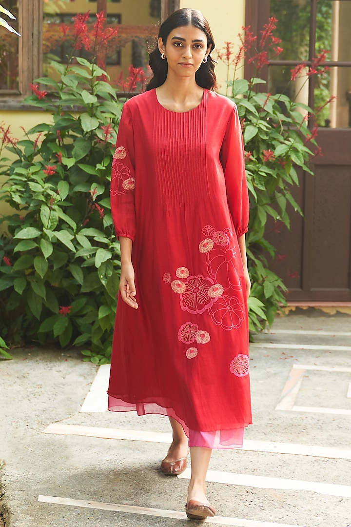 Crimson Muslin Cotton Floral Embroidered Dress by Vaayu at Pernia's Pop Up Shop