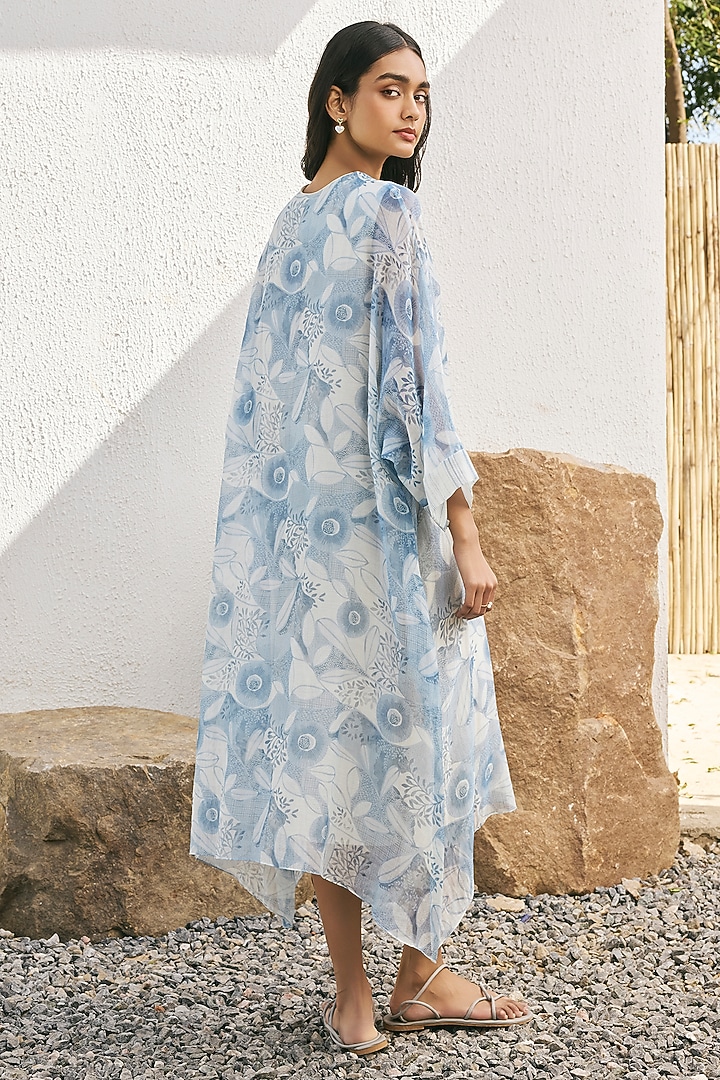 Powder Blue Muslin Cotton Printed Asymmetrical Summer Dress by Vaayu at Pernia's Pop Up Shop
